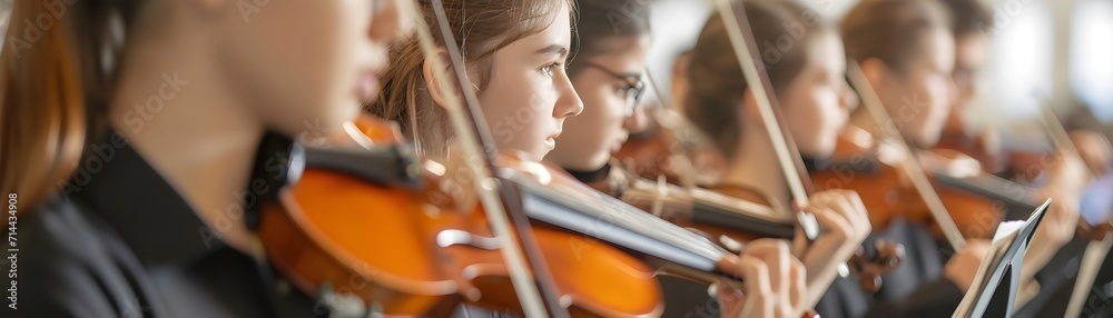 Back to school, Musical Ensemble, Capture the passion and dedication of students practicing in a school orchestra, background image, generative AI - obrazy, fototapety, plakaty 