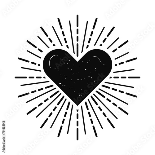 Black ink isolated silhouette sunburst heart shape blank banner with texture icon and design element on white background