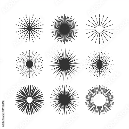 Black abstract isolated round sunburst decorative icons and design elements set on white background
