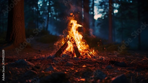 Portrait of a beautiful campfire in the middle of the forest at night  background image  generative AI