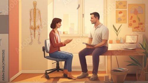 A woman is consulting with a specialist doctor in a clinic room. People design illustration
