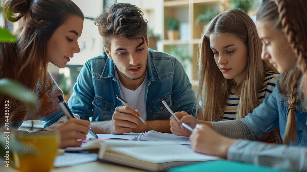 Back to school, Study Group, Photograph a group of students collaborating on homework or a project, background image, generative AI Back to school, Study Group, Photograph a group of students collaborating on homework or a project, background image, generative AI