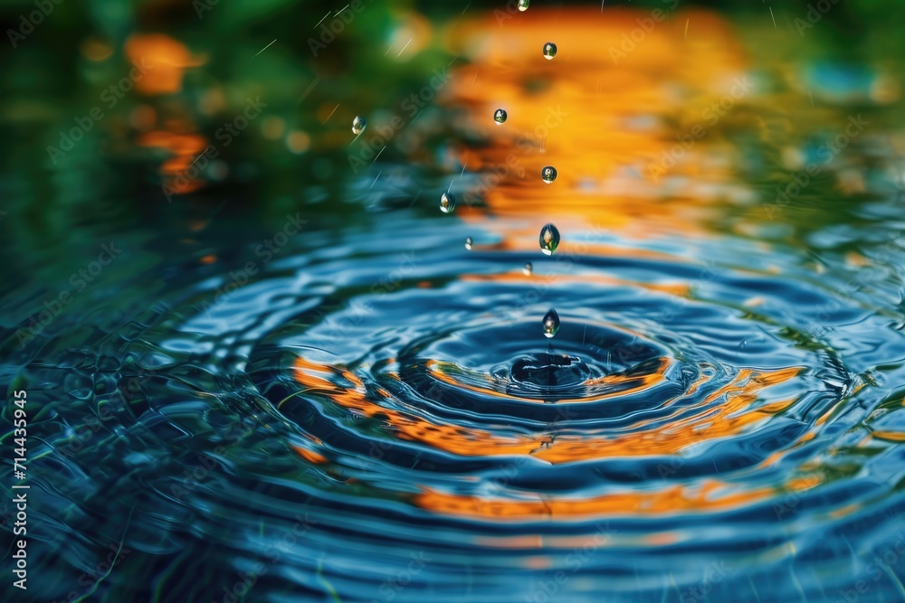 Raindrops creating ripples on a water surface, close-up, capturing the dynamics and patterns of water