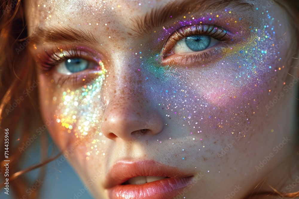 Woman's face has a scattering of diamonds, rhinestones, all over her face, shimmers with all the colors of the rainbow, shadows of bright shades