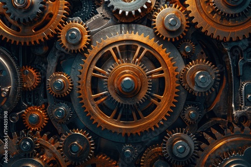Intricate arrangement of metallic gears and cogs, close-up, showcasing precision engineering and industrial design