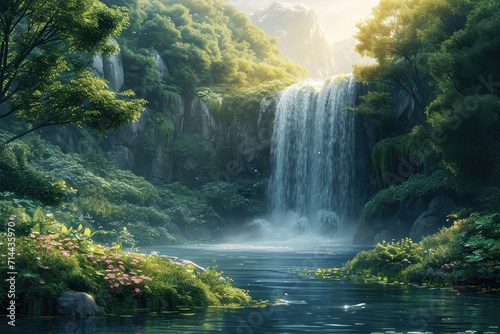 Surreal image of a waterfall flowing in a fantasy landscape, symbolizing abundance and nourishment photo