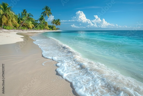 Tropical beach with waves gently lapping the shore, clear blue water, and white sand, idyllic and inviting