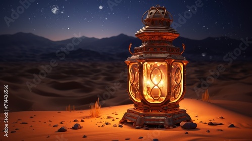ramadan kareem islamic lantern in the center of desert, evening time with magical sky