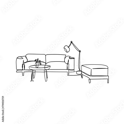 Continuous Line Drawing Furniture. Interior With Sofa, Table, Floor Lamp. Illustration Icon Vector