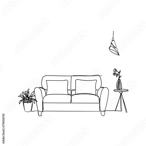 Continuous Line Drawing Furniture. Interior With Sofa, Plant, Lamp. Illustration Icon Vector