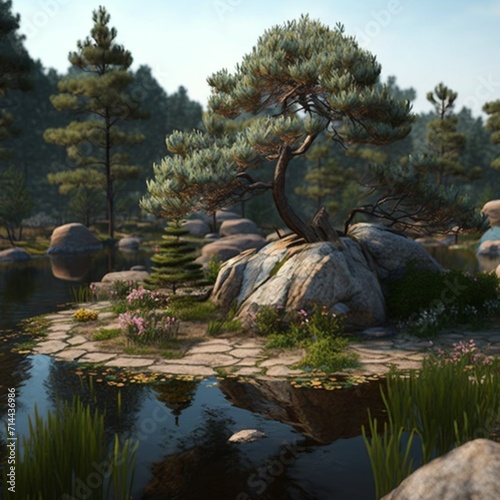 Chinese garden pine trees AI Generative photo