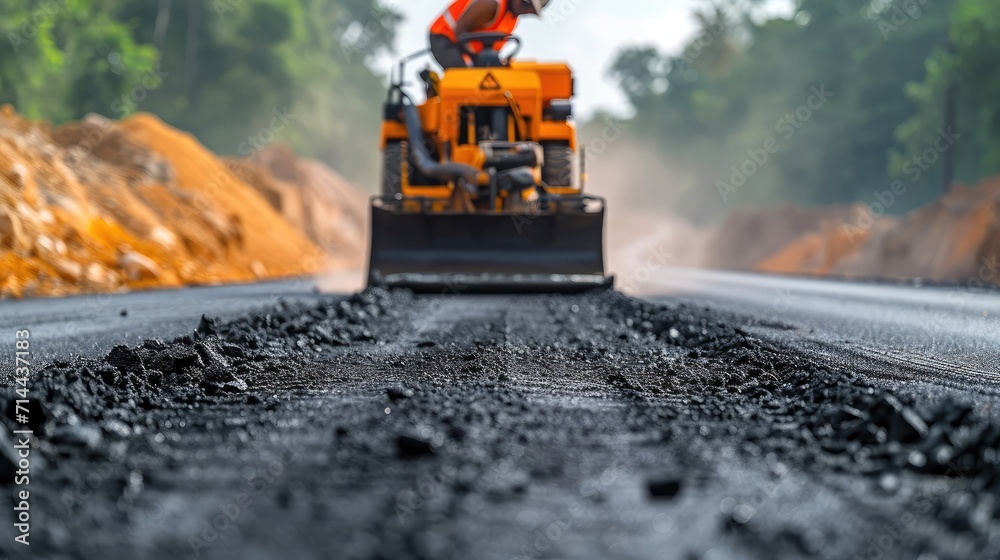 Construction Worker during Asphalting Road Works. Construction Worker during Asphalting Road Works.