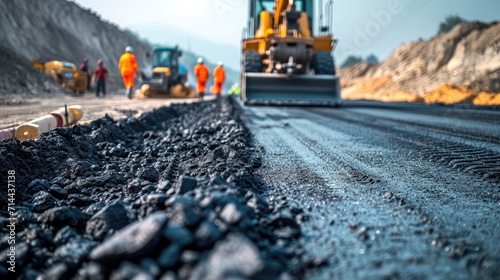 Construction site is laying new asphalt pavement, road construction workers and road construction machinery scene. Highway construction site scene.