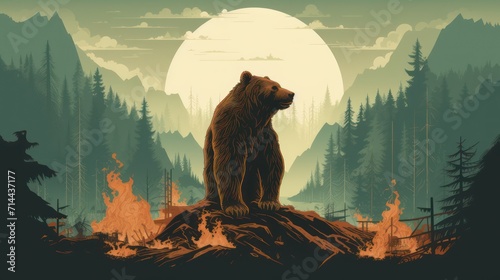 Illustration design of a bear on a forest fire, Forest damage due to illegal logging. photo