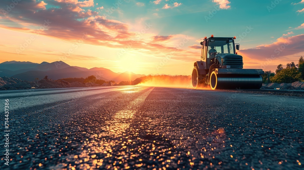Fototapeta premium Sunset above the road roller working on the new road construction site