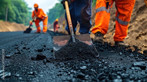 Road workers with shovels in their hands throw forked asphalt on a new road. Road service repairs the highway