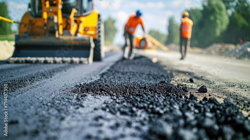 road workers' working group updates part of the road with fresh hot asphalt and smoothes it for repair.