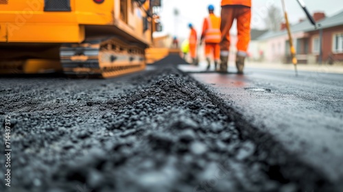 road workers' working group updates part of the road with fresh hot asphalt and smoothes it for repair. © buraratn
