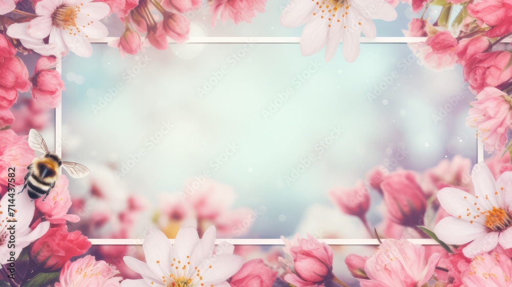 Spring time theme border frame copy space text template, decorated with beautiful blooming flowers.