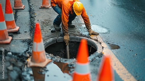 Worker over the open sewer hatch on a street near the traffic cones. Concept of repair of sewage, underground utilities, water supply system, cable laying, water pipe accident photo