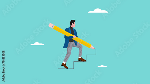 progress towards success or career success, journey to achievement business success, career progress concept, career success with creative skill, businessman climbs stairs made with pencil lines