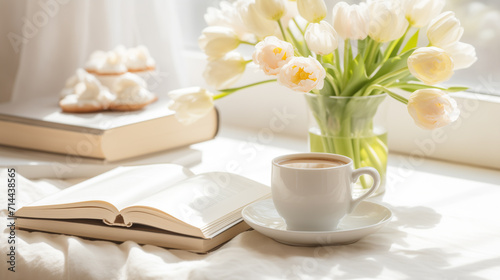 cup of coffee and books on windowsill with blossoming tulips bouquet
