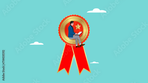 work with competent skills, legality of business skills for business success, professional businessman working on red ribbon badge symbol of quality craftsmanship concept vector illustration