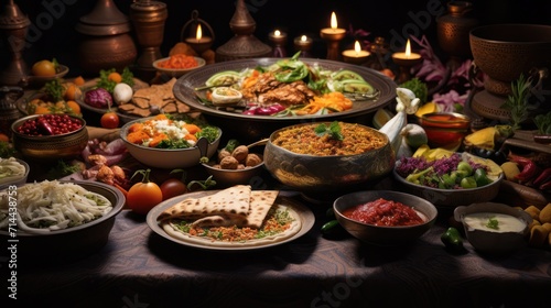 The traditional food menu is served on earthenware plates, a menu for family gathering dinners on holidays.