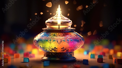 colorful islamic lamps with candles on wooden table