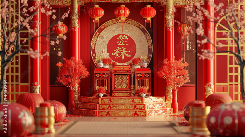 Cultural Display Red and Gold 3D Podium with Lunar New Year Decor 