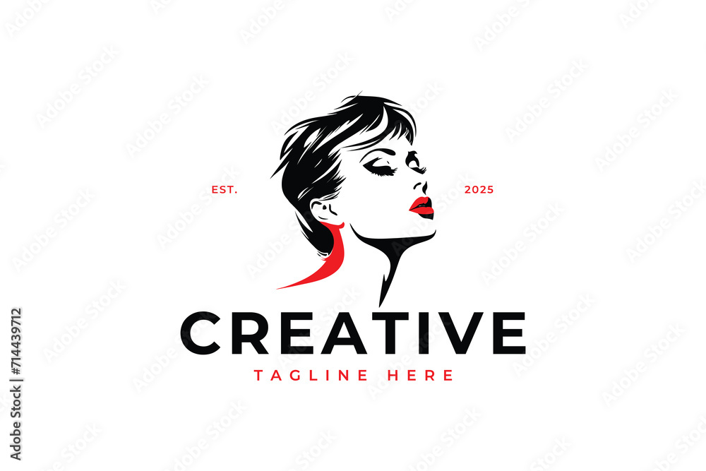 Illustration of women's hairstyle icon, logo with women's face. Vector beauty concept.