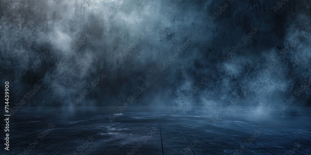 Blue dark abstract light in night background setting empty scene with smog old black fog under spotlight textured smoke creating dramatic lantern space street concept bright effect on floor