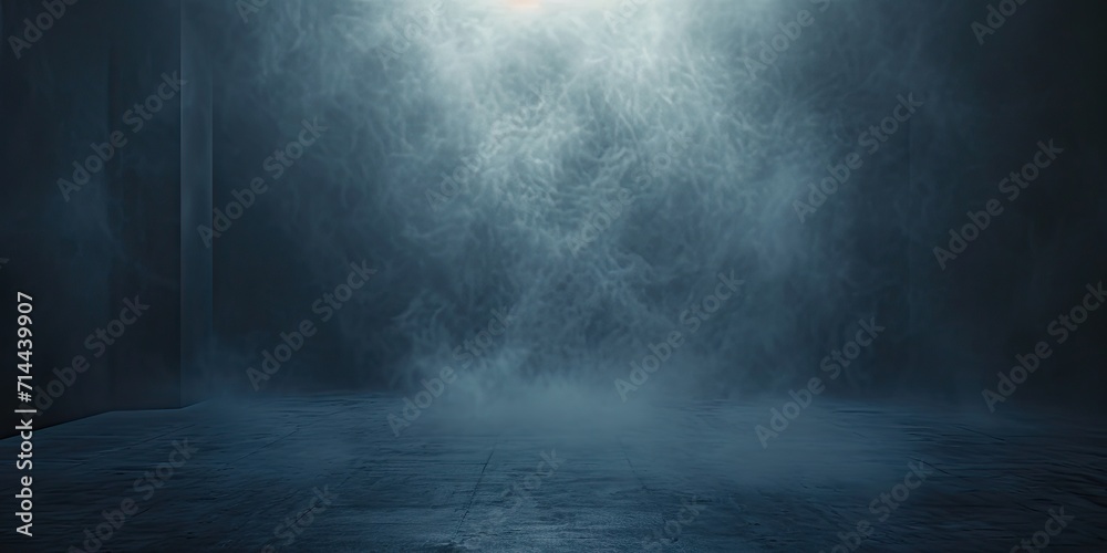 Blue dark abstract light in night background setting empty scene with smog old black fog under spotlight textured smoke creating dramatic lantern space street concept bright effect on floor - obrazy, fototapety, plakaty 