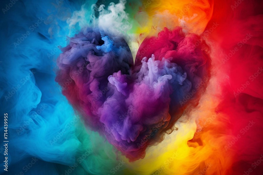 Heart-shaped smoke in a vibrant rainbow, representing inclusiveness and celebrating love. Generative AI