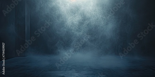Blue dark abstract light in night background setting empty scene with smog old black fog under spotlight textured smoke creating dramatic lantern space street concept bright effect on floor photo