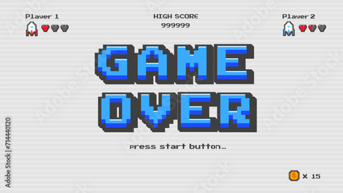 Game over press start button.pixel art .8 bit game.retro game. for game assets in vector illustrations.Retro Futurism Sci-Fi Background. glowing neon grid.and stars from vintage arcade comp