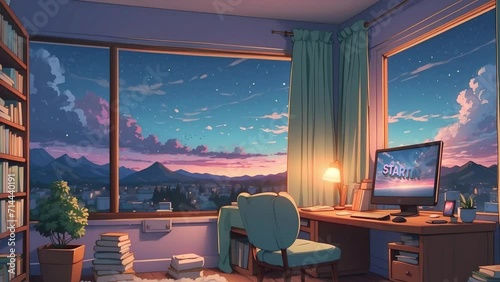 stream starting soon screen, overlay loop animation, virtual backgrounds, cozy lo-fi living room. vtuber asset twitch zoom OBS, live wallpaper. anime chill hip hop. Cyan purple colours manga style photo