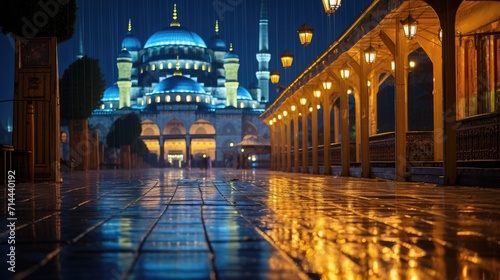 Blue Mosque with decorative lights in Ramadan Kareem Holy Islamic Month photo