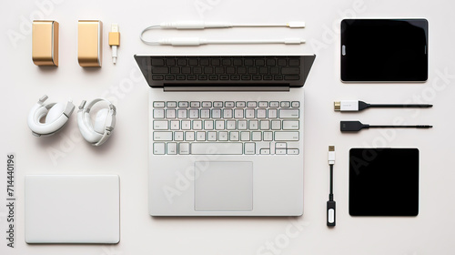 Flat lay photo of Office table with laptop computer, notebook, digital tablet, mobile phone, Pencil, eyeglasses on modern two tone (white and grey) background. Desktop office mockup concept.