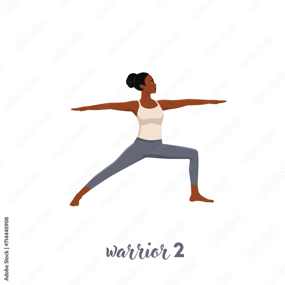 Woman doing warrior II pose virabhadrasana II exercise. Flat vector illustration isolated on white background