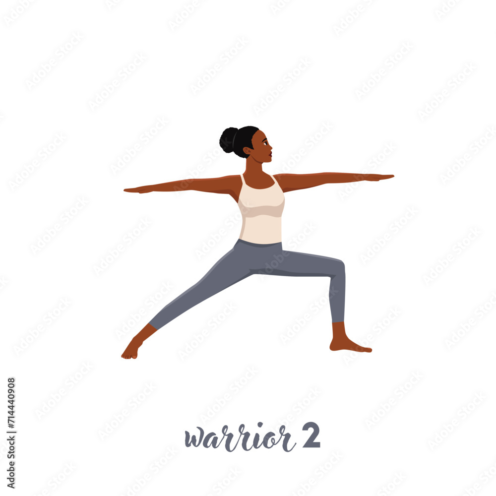 Woman doing warrior II pose virabhadrasana II exercise. Flat vector illustration isolated on white background Woman doing warrior II pose virabhadrasana II exercise. Flat vector illustration isolated on white background