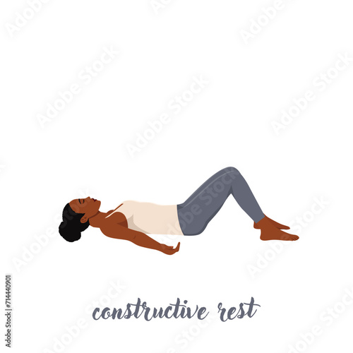 woman doing Constructive Rest Pose, Savasana Variation Bent Legs, Corpse Pose Variation Bent Legs. Flat vector illustration isolated on white background