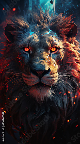 lion_zodiac_angry_red_neon_galaxy_background © slonlinebro
