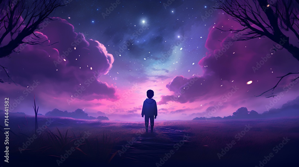 silhouette of a child in the night purple sky 