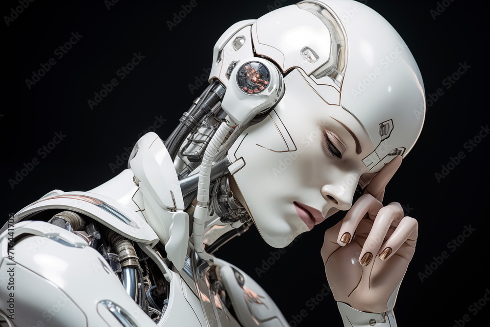 Close up portrait white humanoid robot on the futuristic techno background. Artificial Intelligence. Quantum computer. Generated AI Close up portrait white humanoid robot on the futuristic techno background. Artificial Intelligence. Quantum computer. Generated AI