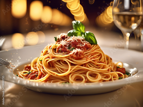 ai generatif makanan spageti khas Italia. spageti di piring dengan latar belakang bokeh. spageti enak dengan pasta photo