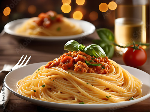 generative ai of typical Italian spaghetti food. spaghetti on a plate with a bokeh background.