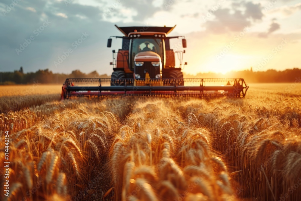 Front view of modern automated combine harvesting wheat ears on a bright summer day. Grain harvester in a vast golden wheat field. Blue cloudy sky with bright sun in the background. Front view of modern automated combine harvesting wheat ears on a bright summer day. Grain harvester in a vast golden wheat field. Blue cloudy sky with bright sun in the background.
