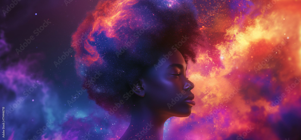 A striking image of a woman with an afro that blends into a cosmic nebula, suitable for creative and artistic themes. A striking image of a woman with an afro that blends into a cosmic nebula, suitable for creative and artistic themes.