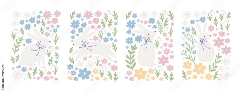 Spring floral cartoon print with cute bunny. Happy Easter print in flat style and pastel colors - obrazy, fototapety, plakaty 